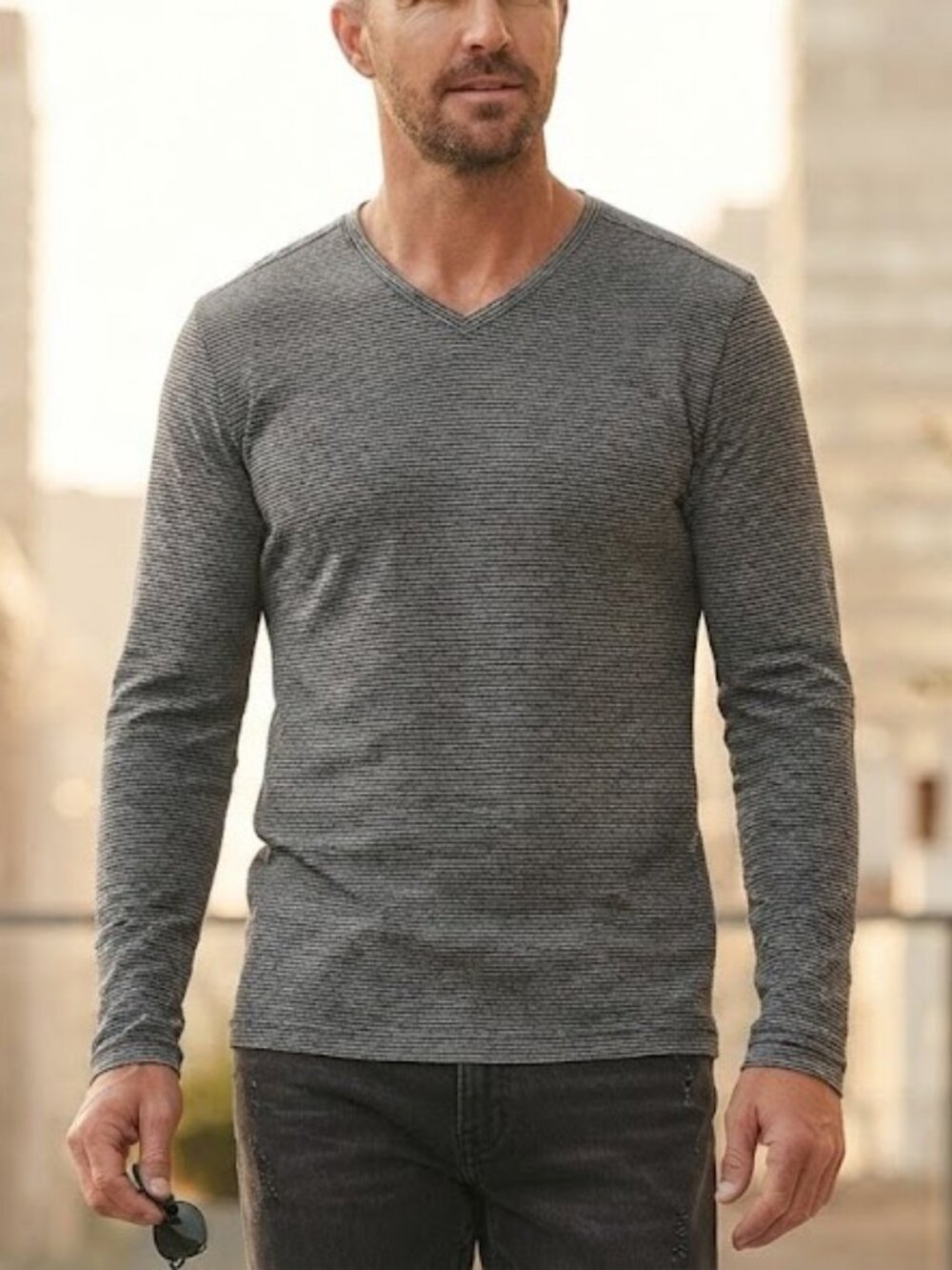 Lululemon Men's Long Sleeve V-Neck Shirt - Black & Gray Thin Stripes